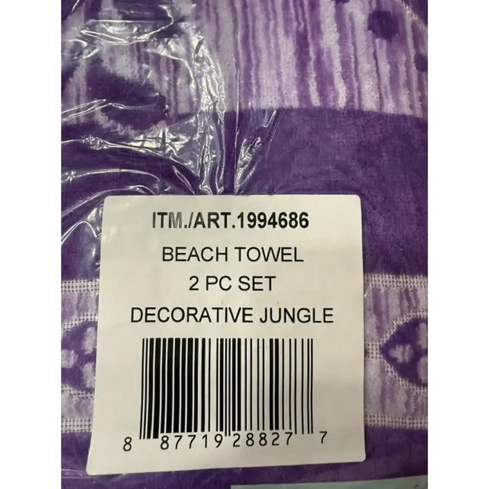 2 Pack Beach Towels 40x72 Purple Jungle Jacquard 100% Cotton Oversized NEW